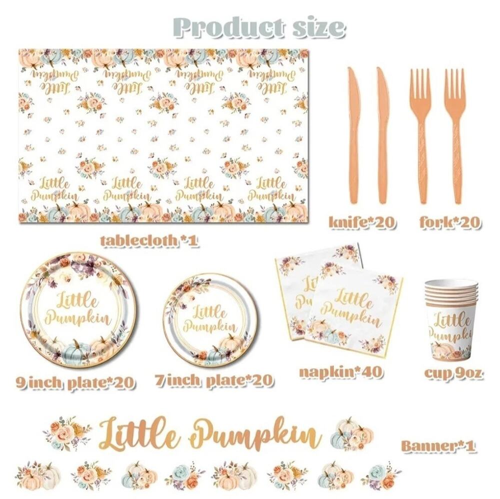 142 PCS Little Pumpkin Party Thanksgivin Decorations Set Plates, Napkins, Banner